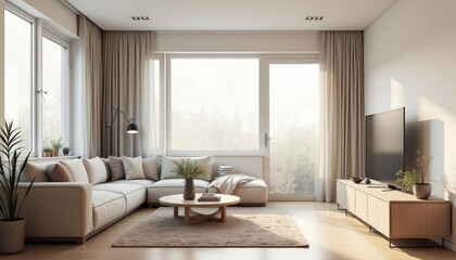 Fototapeta premium A modern living room features a large window with white curtains, a white sofa, a wooden coffee table, a flat-screen TV, and a wooden entertainment center.