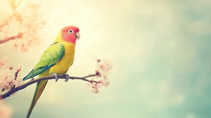 Colorful parrot perched on blossoming branch.