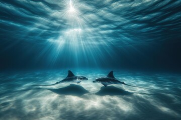 Graceful manta rays dance in sync through clear water
