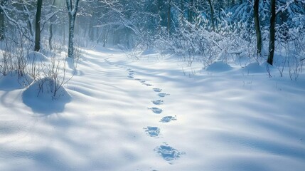 Obraz premium Sunlit snowy path through a winter forest with footprints.