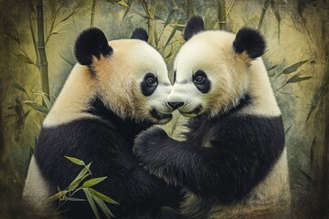 Obraz premium Adorable panda adult and cub interplay in bamboo forest