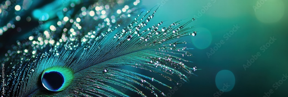 Aufkleber close up view of a vibrant peacock feather with delicate dew drops against a blurred background. gen