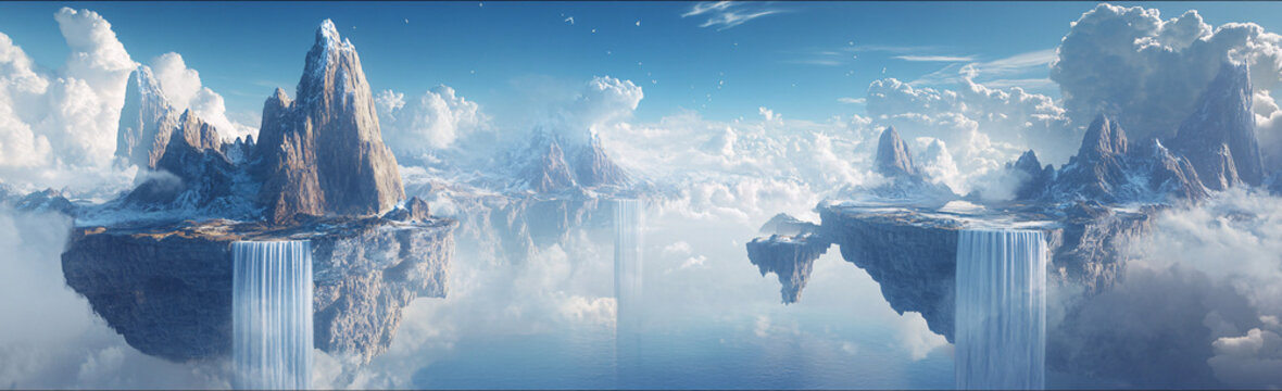A surreal landscape where mountains float in the sky, connected by waterfalls, symbolizing the unbound creativity of the mind.  