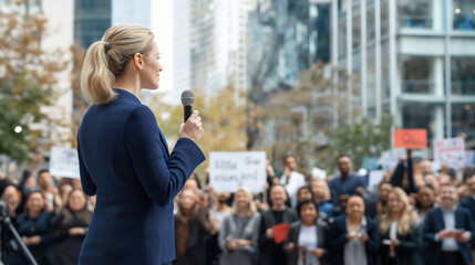 Crowd gathers for important speech in urban setting highlighting community issues and activism