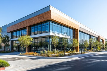 Modern commercial building with large windows and wooden accents surrounded by landscaping.