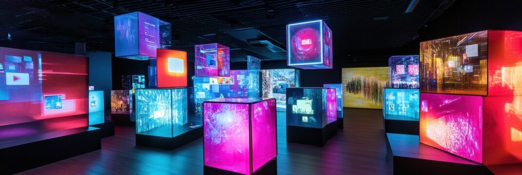 Floating cubes create an interactive display featuring multimedia symbols and abstract text in a modern exhibition space. Generative AI