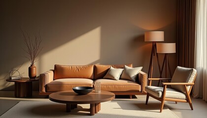  A modern living room features a beige sofa with two throw pillows, a wooden coffee table, a wooden side table with a vase and lamp, and a wooden armchair with a white cushion.