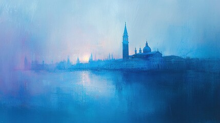 Naklejka premium Impressionistic painting of Venice at dawn, showcasing St. Mark's Campanile and Basilica in a hazy, blue atmosphere.