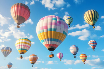 Obraz premium Colorful hot air balloons float across a vibrant blue sky, creating a breathtaking spectacle of adventure and freedom.