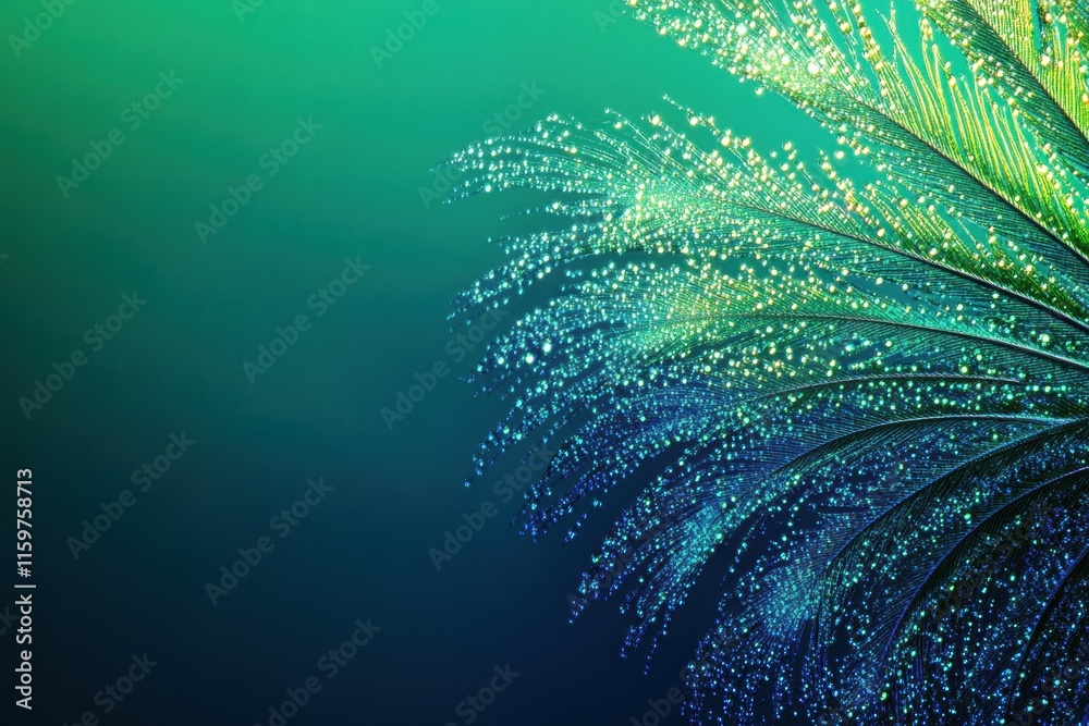 Poster close up view of a peacock feather adorned with dew drops showcasing natural beauty and vibrant colo