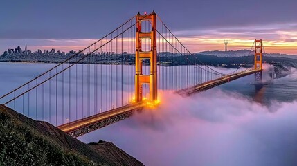 Fototapeta premium A stunning view of the Golden Gate Bridge emerging from fog during sunset.