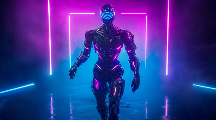 Naklejka premium Futuristic humanoid robot walking confidently through a neon-lit corridor with vibrant purple and blue lights