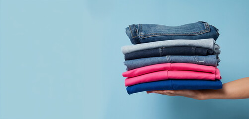Neatly Folded Denim and Colorful Clothes Stack on a Blue Background for Home Organization and Laundry Concepts