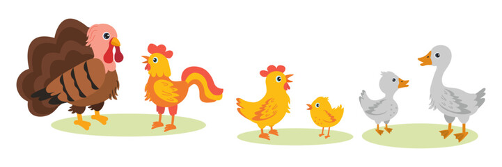 Colorful farm animals gathered together in a playful setting during a sunny day