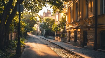 Fototapeta premium Sunlit cobblestone street with old buildings.
