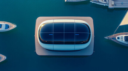Fototapeta premium Futuristic floating structure on a serene marina surrounded by luxury yachts and boats in the evening light