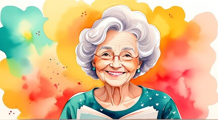Cheerful senior woman with book against vibrant abstract background