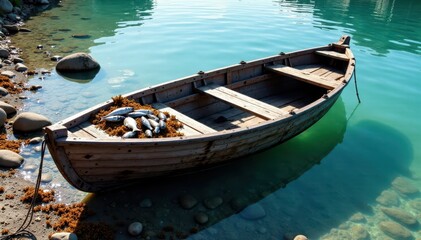Obraz premium Old wooden boat on dock with fish and seaweed , nautical, marine life