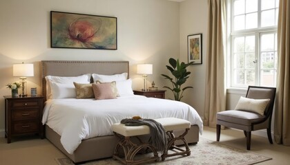  A serene bedroom features a large bed with white linens, a wooden nightstand with a lamp, a painting, a window with white curtains, and a plant on the windowsill.