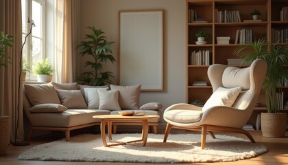 A modern living room features a beige sofa, armchair, and coffee table, with a large window, bookshelf, and plants, creating a serene and inviting atmosphere.
