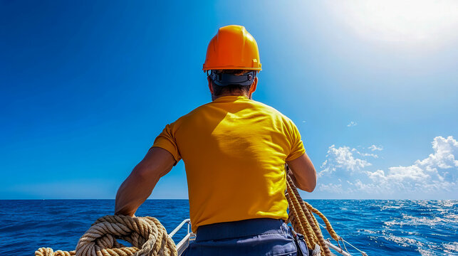 Man in a yellow hard hat pulls ropes while navigating a boat on a sunny day at sea with a bright blue sky