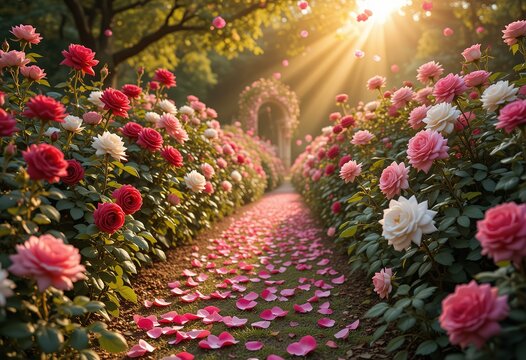 Rose Garden Path Sunlit Blossoms Romantic Setting