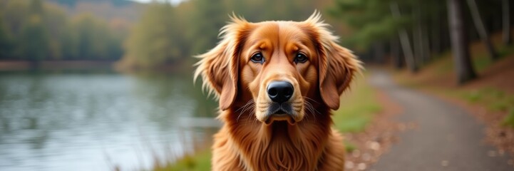 Obraz premium Portrait of a handsome Nova Scotia Duck Tolling Retriever with captivating eyes standing by a serene lakeside perfect for dog lovers nature enthusiasts and pet themed art projects