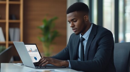 Fototapeta premium A young professional in a suit working on a laptop. In a modern office environment