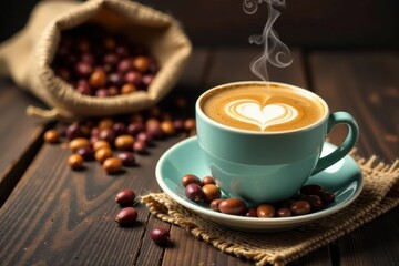 Old, worn-out wooden table with a steaming cup of hot coffee featuring a heart-shaped design, accompanied by a burlap sack and dried legumes, steam, cozy