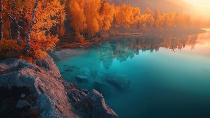 Naklejka premium Serene autumn lake reflecting fiery trees at sunrise.