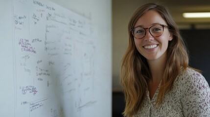 A young professional setting career goals on a whiteboard. In a modern office space