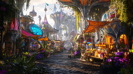 Fototapeta premium A vibrant marketplace in a floating city, where alien species trade exotic goods, symbolizing cultural exchange in a distant future. 