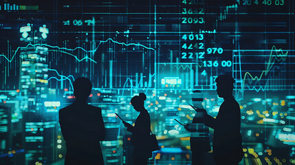 Businesspeople Silhouetted Against Financial Data Display