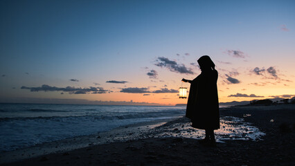 Fototapeta premium Solitary Figure Hunts for Answers At Sunset Shore 