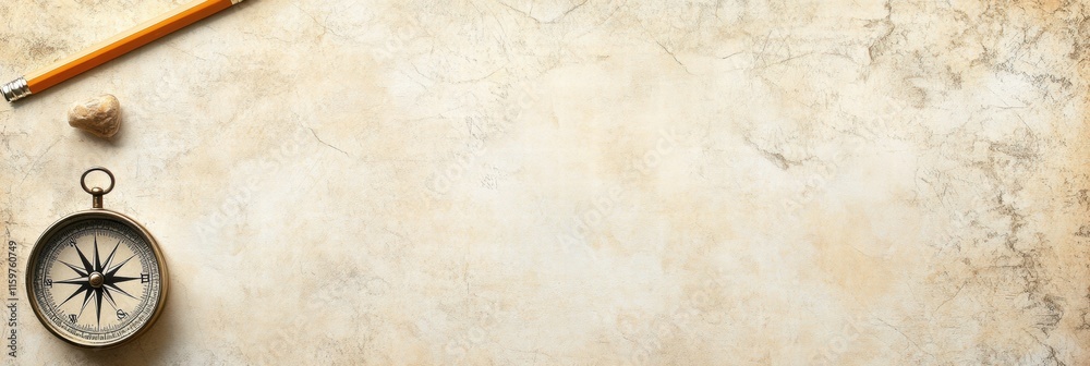 Fototapete vintage map with compass and pencil on textured background providing space for travel related text o
