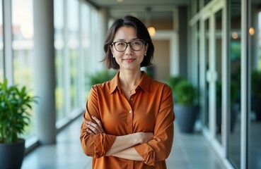 Mature Asian businesswoman stands confidently in office building hallway. Wears glasses, orange shirt with arms crossed. Looks directly at camera. Indoor shot. Successful professional. Powerful