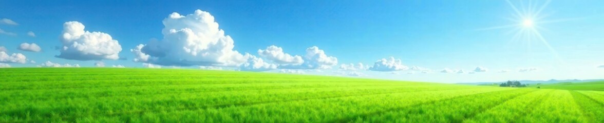 Fototapeta premium Serene landscape with vast green field under bright blue sky, countryside, green field, blue sky