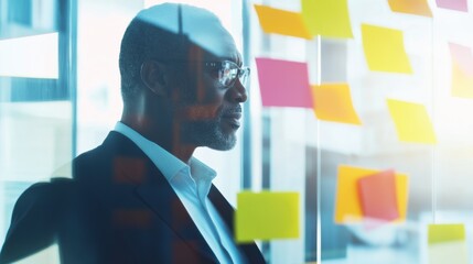 An executive brainstorming with a team using sticky notes. In a bright, collaborative office space