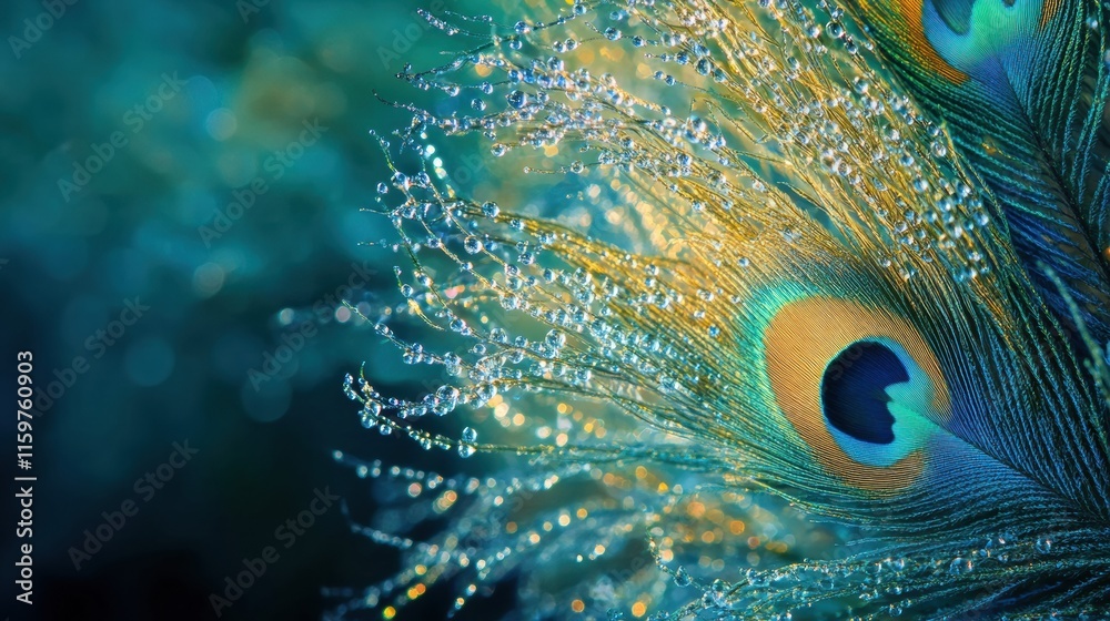 Leinwandbilder close up view of a peacock feather adorned with dew drops against a vibrant background for creative 