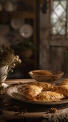 Obraz premium Rustic kitchen setting with golden brown pastries on a plate and a small bowl of sauce.