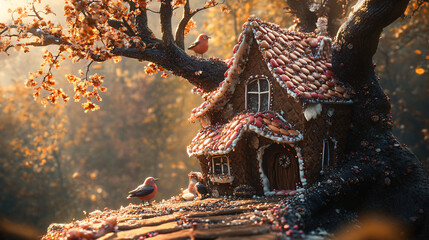 Obraz premium A whimsical scene of a tree fallen on a fairytale house made of gingerbread, with candy shingles cracked open and birds trying to help repair the roof. 