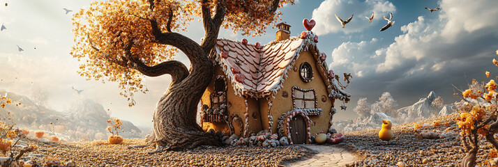 Naklejka premium A whimsical scene of a tree fallen on a fairytale house made of gingerbread, with candy shingles cracked open and birds trying to help repair the roof. 