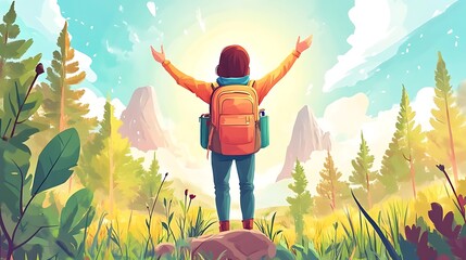 A person with a backpack stands in nature, arms raised towards the sun, celebrating adventure.