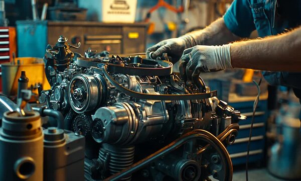 Mechanic working on a detailed automotive engine in a workshop.