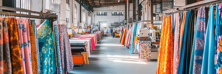 Obraz premium A wide shot of a bustling textile printing workshop, with colorful fabrics hanging from racks and multiple printers producing vivid patterns. 