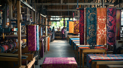 A wide shot of a bustling textile printing workshop, with colorful fabrics hanging from racks and multiple printers producing vivid patterns.  