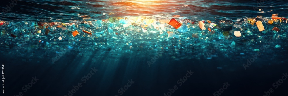 Aufkleber colorful plastic debris floats on the surface of a deep blue ocean at sunset creating an alarming en