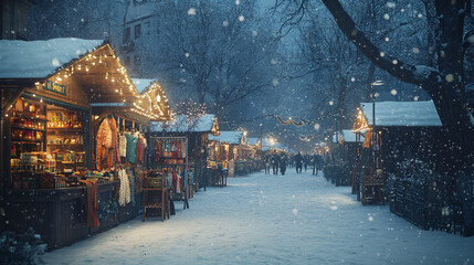 Fototapeta premium A winter street market, with stalls selling hot drinks, handmade scarves, and crafts, snow gently falling over the scene, creating a cozy holiday atmosphere. 