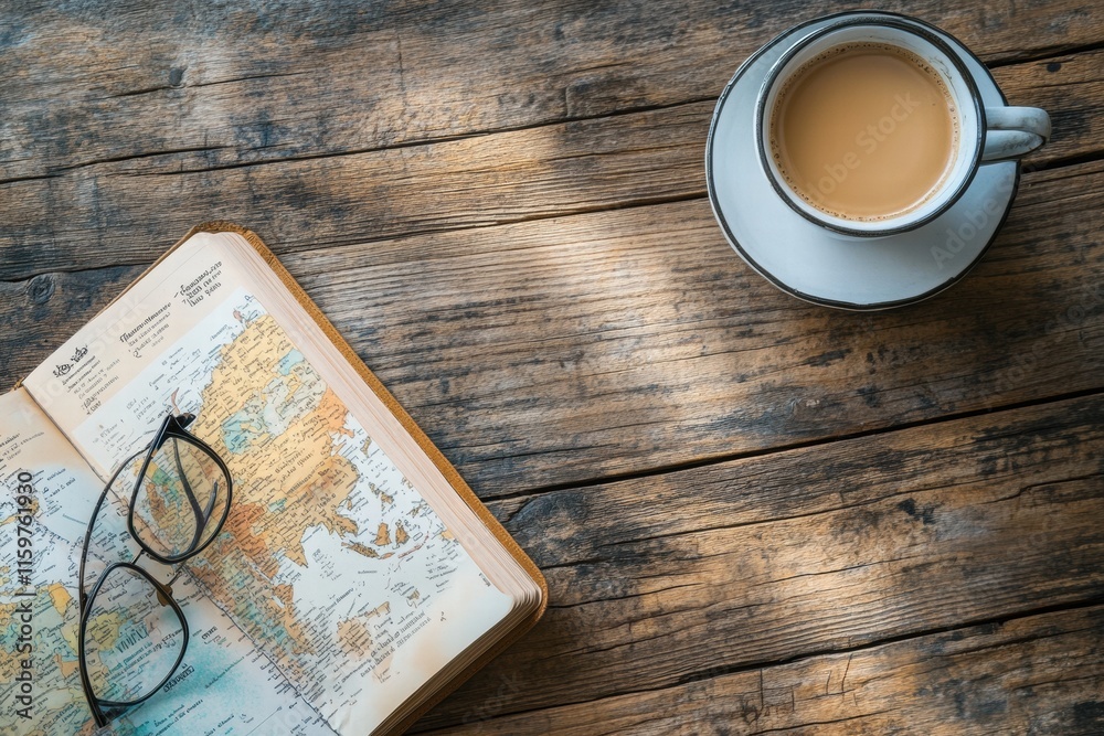 Poster Cozy travel flatlay featuring a cup of coffee and an open travel guide on a rustic wooden table. Generative AI