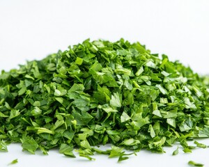 Fototapeta premium Freshly chopped green herbs create a vibrant mound, perfect for garnishing dishes or enhancing flavors in various cuisines.